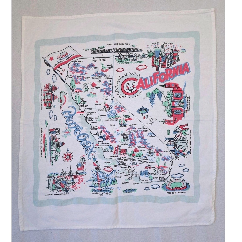 Moda Home California Map Tea Towel OS White Cotton Souvenir Retro Kitsch Decor